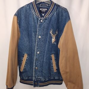 Men's Denim and Tan Varsity Jacket